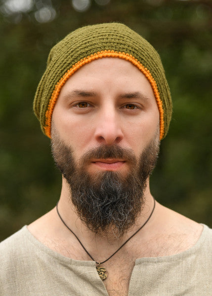 Vihreä-keltainen virkattu viikinkipipo – 100 % villaa